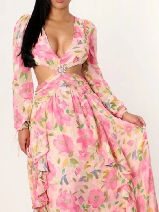 LONG SLEEVE PINK FLORAL MAXI DRESS WITH RUFFLES AND CUTOUT - Picture 3 of 17